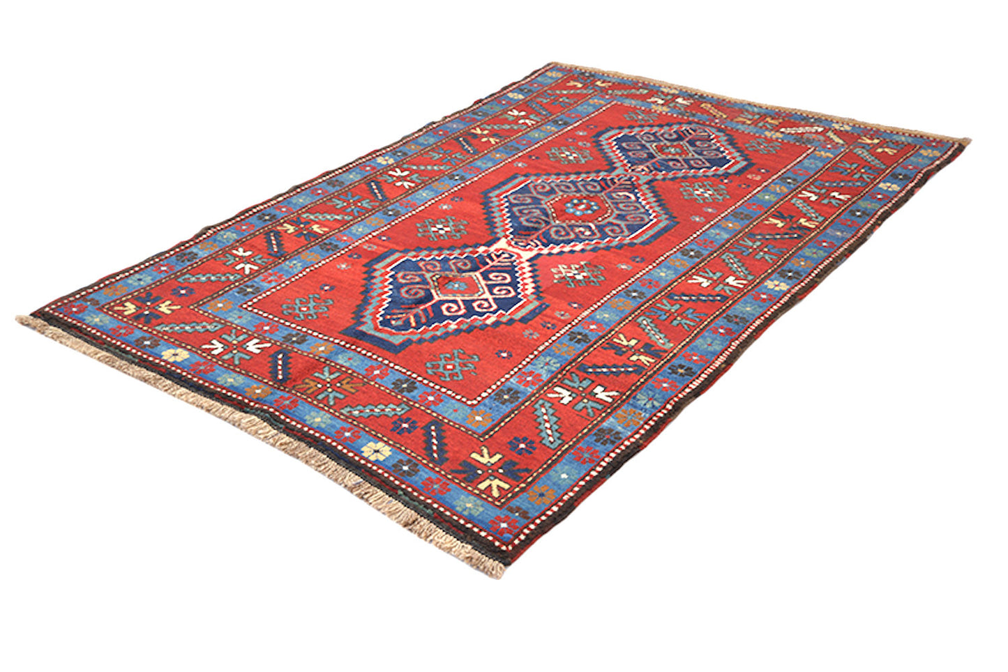 Red Blue Vintage Rug | Kazak Handmade Rug | 4 x 6 Ft | Geometric Tribal Rug | Antique Rug | Wool Boho Rustic Style
