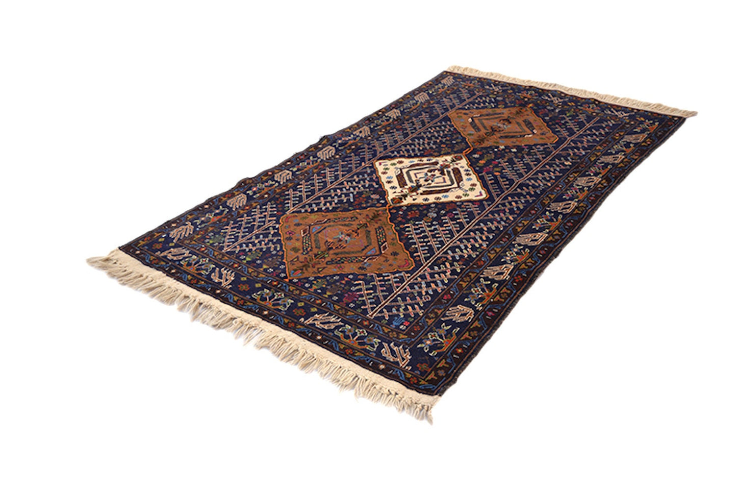 6.2 x 3.6 Ft | Blue Tribal Rug | Brown Beige Medallion Rug | Vintage Rug | Rustic Geometric Rug | Oriental Wool Hand Knotted Rug