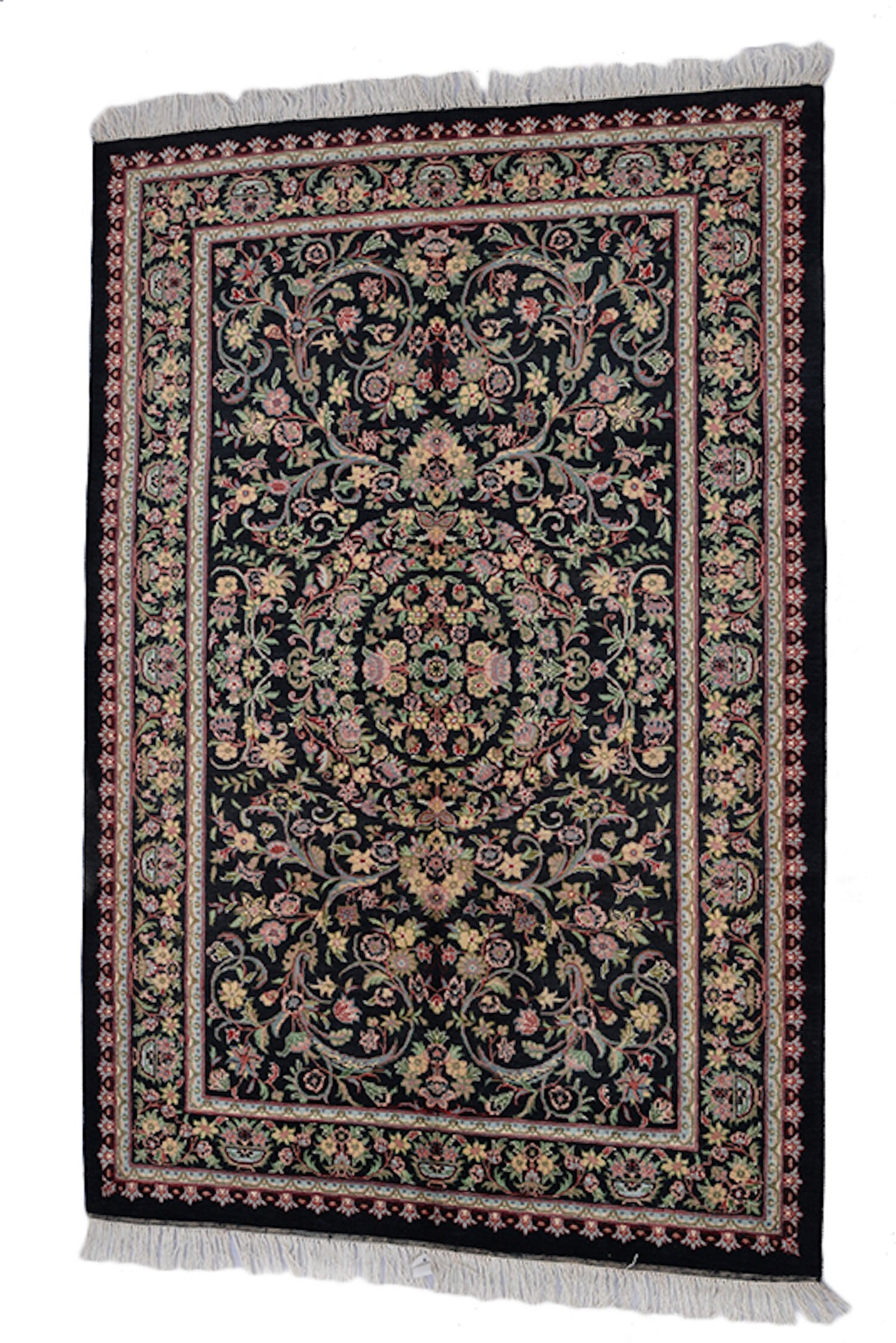 Black Oriental Rug | 4 x 6 Rug | Floral Rug | Hand Knotted Rug | Medallion Rug | Black and Beige Rug