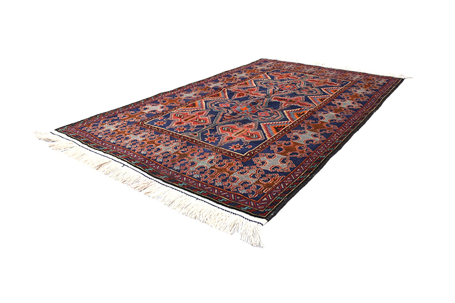 Blue Red Rug | Vintage Area Rug | Tribal Geometric | 4x6 Feet Rug | Wool Handmade Antique Rug | Oriental Style