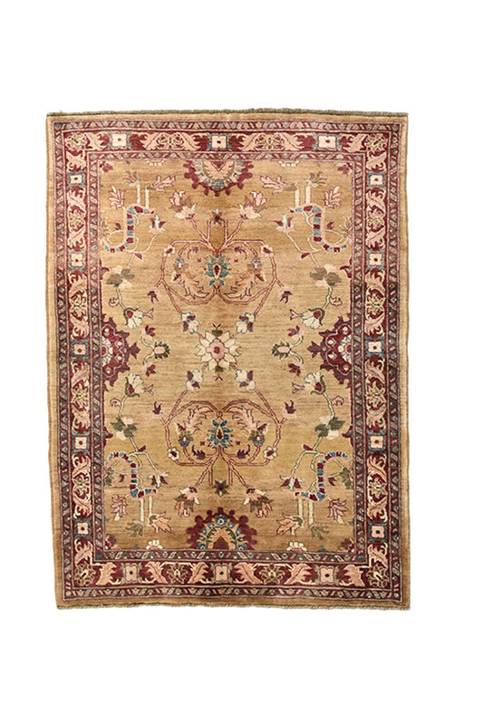 Beige Cream Vintage Area Rug | Handmade Rug | Soft Pile | 4x6 Rug | Traditional Antique Rug | Wool Burgundy Border
