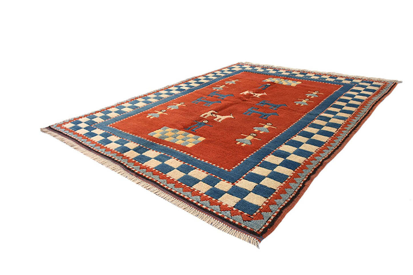 Blue Handmade Rug | Kids Room Rug | Blue Checkered Border | Animals People Cartoon | Baby Room | Red Blue Wool Rug