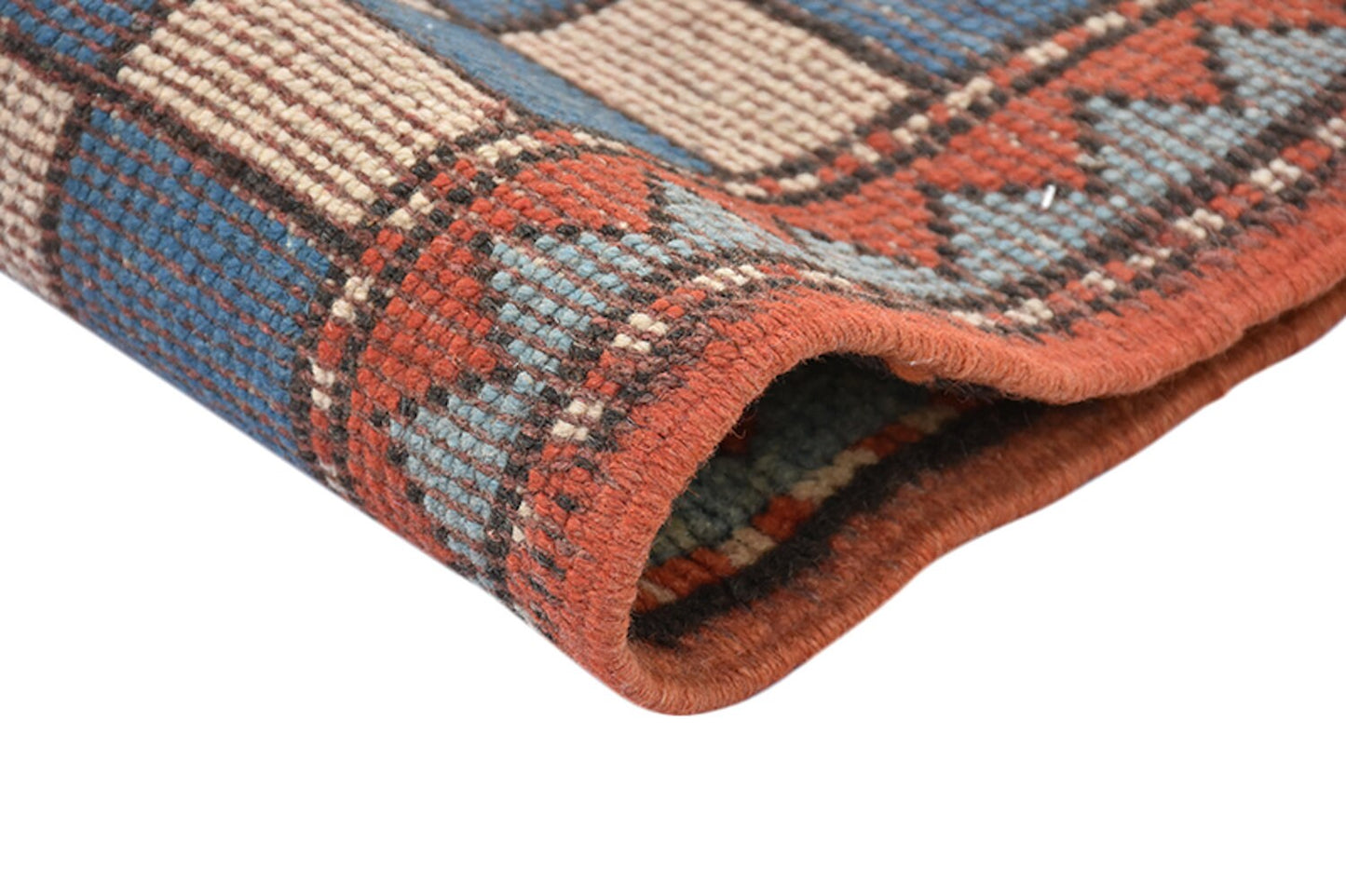 Blue Handmade Rug | Kids Room Rug | Blue Checkered Border | Animals People Cartoon | Baby Room | Red Blue Wool Rug