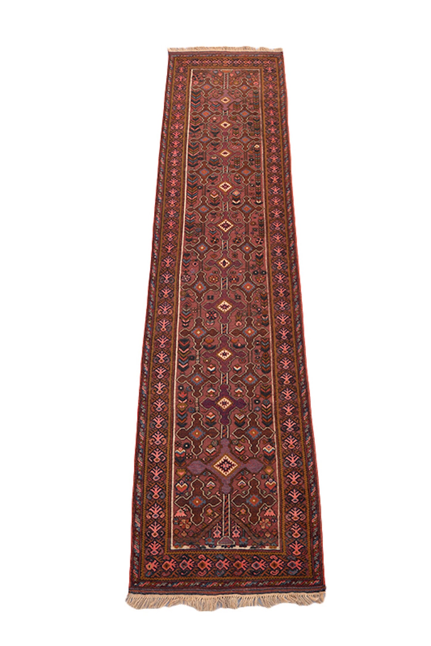 3x12 Feet Vintage Runner Rug Hand Knotted Antique made with Wool, Dark Pink Tribal Rug