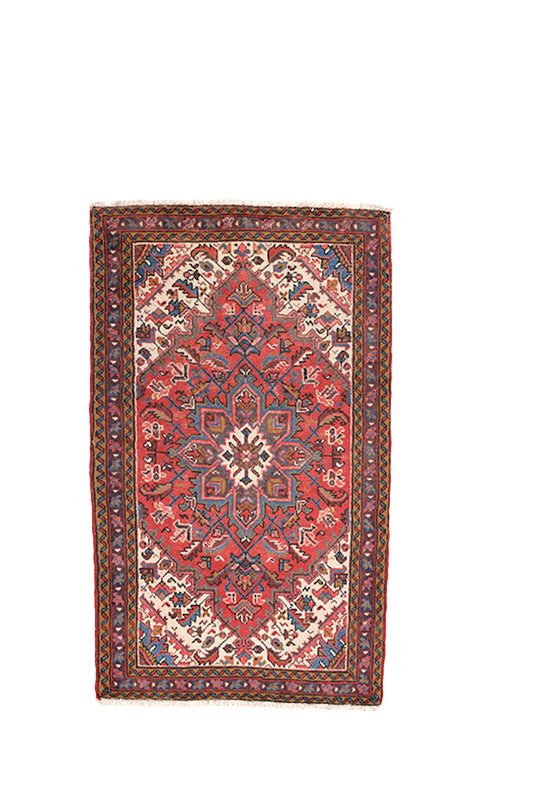 7 Feet x 4'7 Feet | Vintage Oriental Rug | Pink Red Medallion | Blue Border | Boho Chic Rustic Rug | Accent Rug | Wool Antique Rug