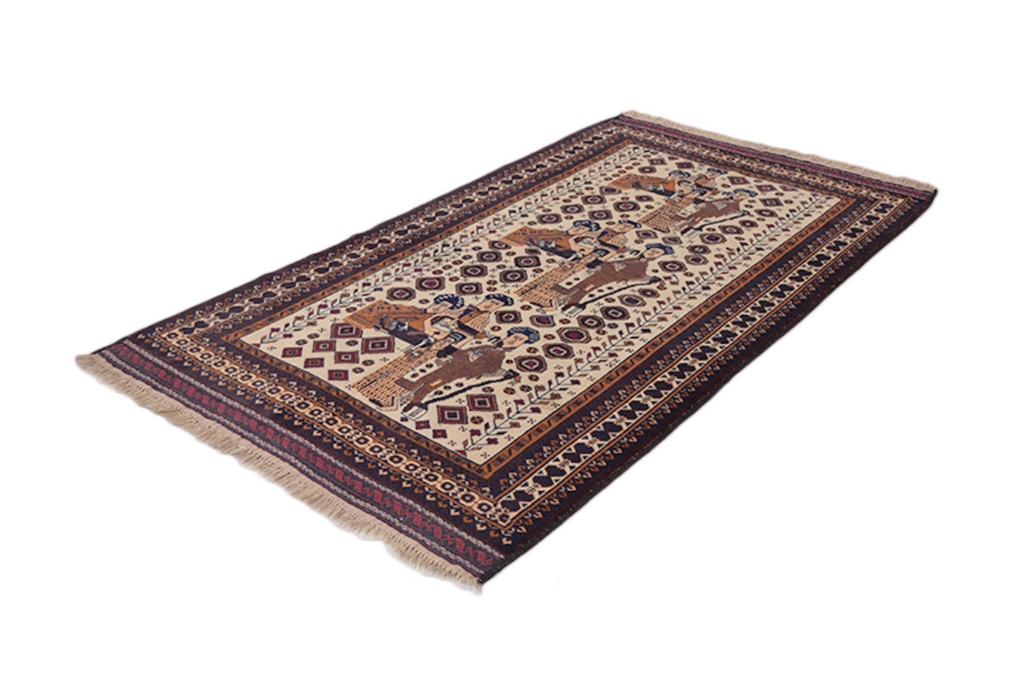 Vintage Rustic Rug | Persian Pakistan Area Rug | 6 x 8 Feet | Navy Pink Border | Hand Knotted Wool Antique Rug