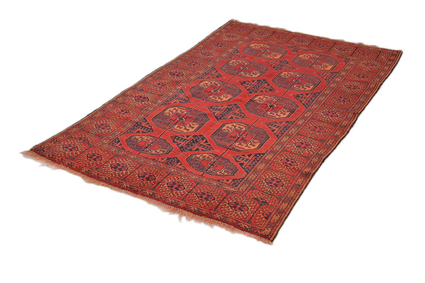 Antique Hand Knotted 4x6 Rug, Bright Red Navy Tribal Medallions, Low Pile Wool