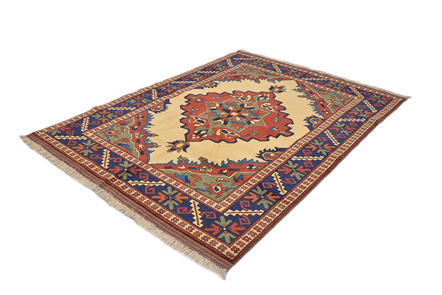 Size: 6'8" x 5'2" Ft | Hand Knotted Medallion Rug | Vintage Tribal Area Rug | Yellow Background Red Blue Pattern | Oriental Persian Rug