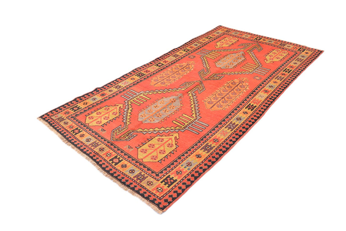 7'5" x 4'2" Feet Antique Rug | Bright Orange Rug | Vintage Kazak Rug | Bohemian Rug | Tribal Geometric Rug | Accent Kitchen Runner