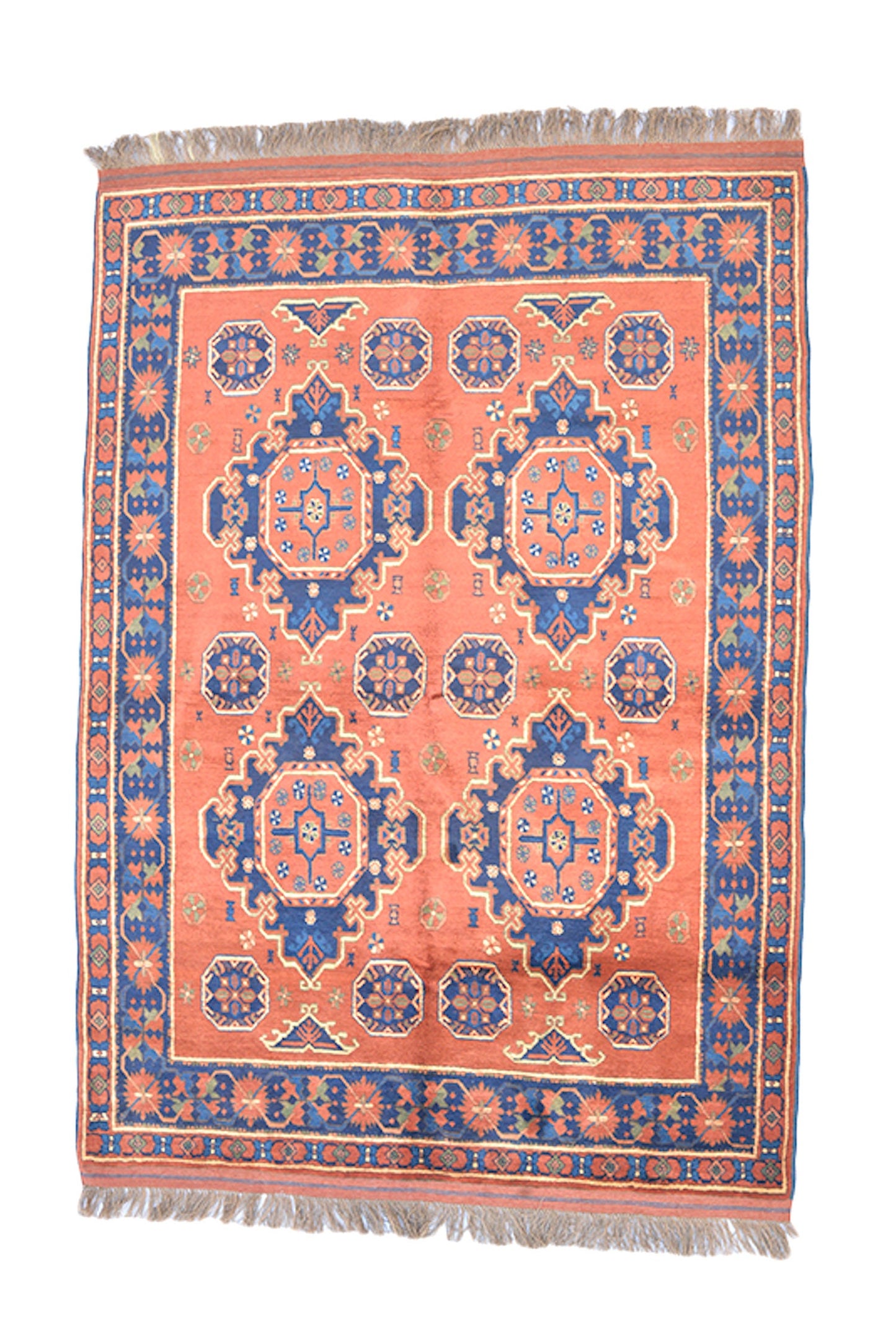 5 x 7 Feet Rug | Hand Knotted Coral Blue Rug | Persian Rug Caucasian | Geometric Medallion Rug | Orange Area Rug | Wool Antique Rug