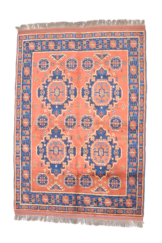 5 x 7 Feet Rug | Hand Knotted Coral Blue Rug | Persian Rug Caucasian | Geometric Medallion Rug | Orange Area Rug | Wool Antique Rug