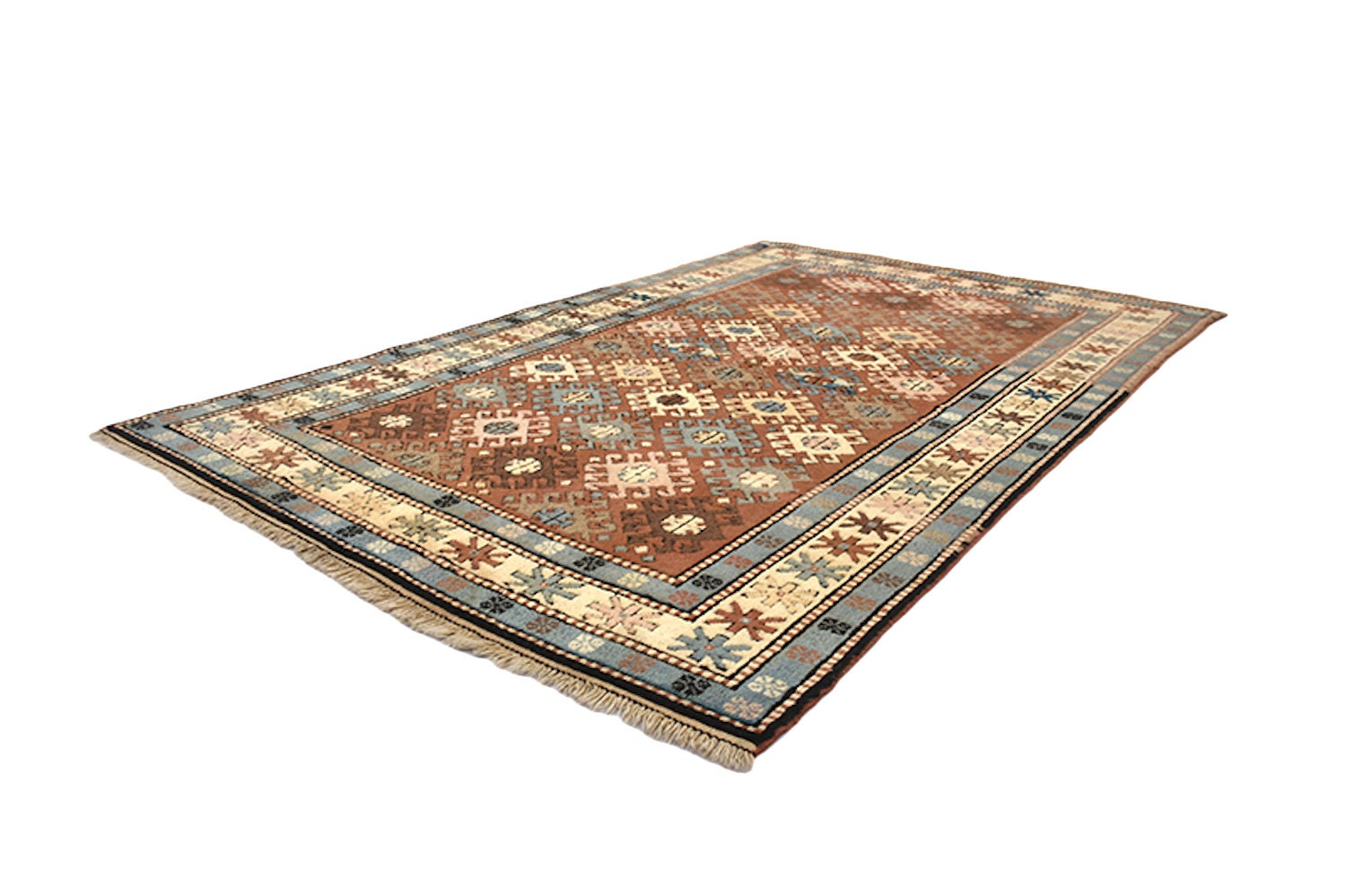 7.3 x 4.6 Feet Hand knotted rug, Brown & teal rug, Vintage geometric rug, Rustic nomadic rug, Eclectic Wool Antique Rug