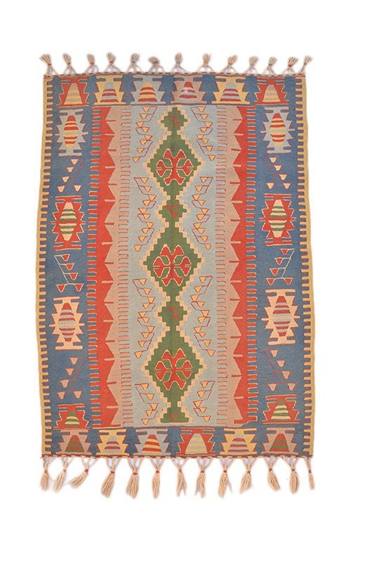 Antique Kilim Rug | 4 x 5 Feet | Vibrant Earth Tone Rug | Hand Knotted Distressed Geometric Rug | Low Pile Rug | Tribal Rug