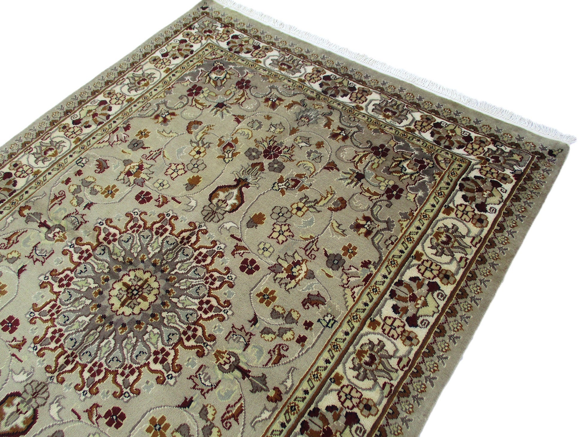 Beige Grey 4x6 Oriental Hand Knotted Rug | Medallion Rug with Red Beige Accents | Wool Antique Floor Decor Rug