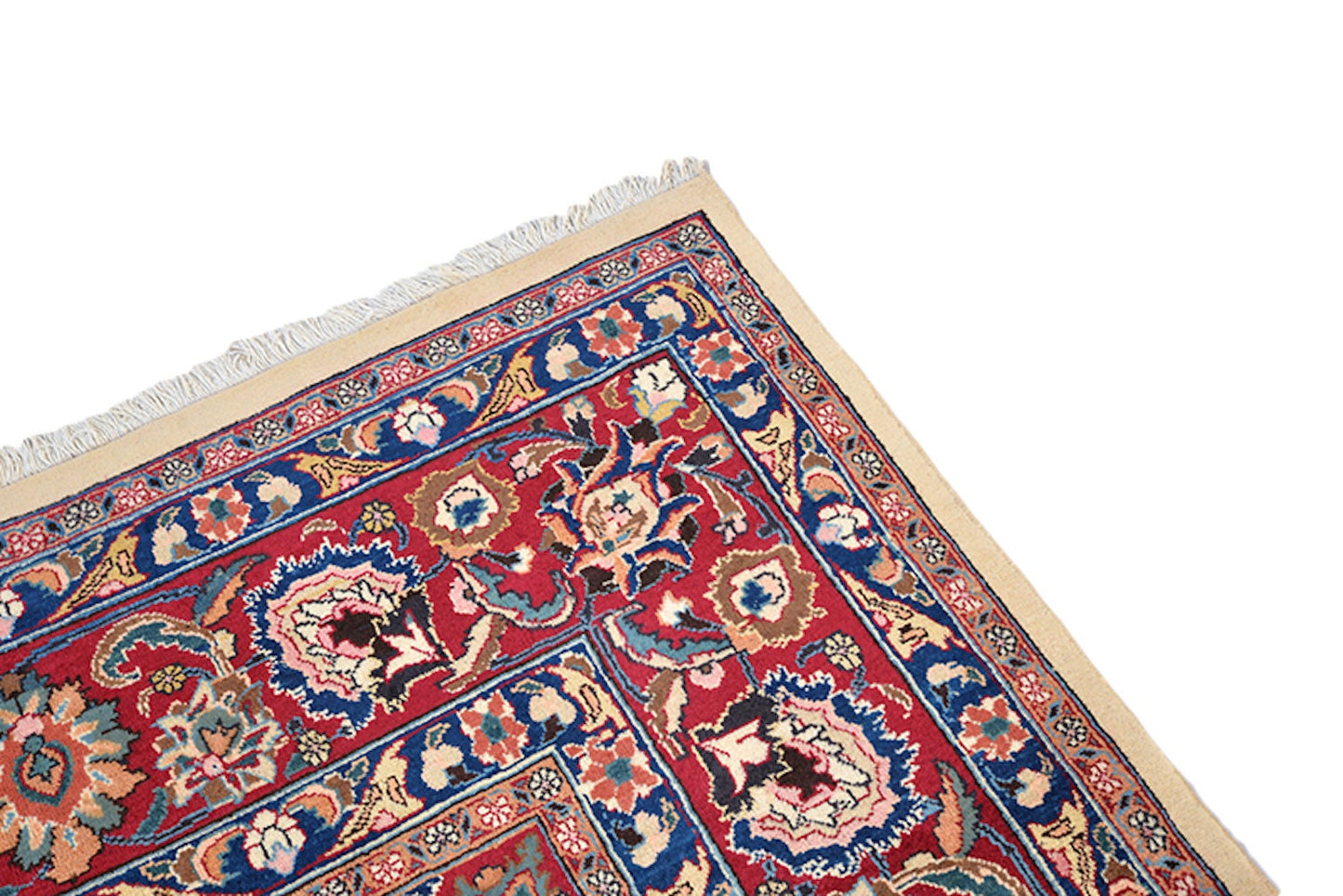 Large Red Persian 8x11 Rug with Beige Medallion | Hand Knotted with Oriental Design | Blue and Red Border | Luxury Wool & Cotton Rug