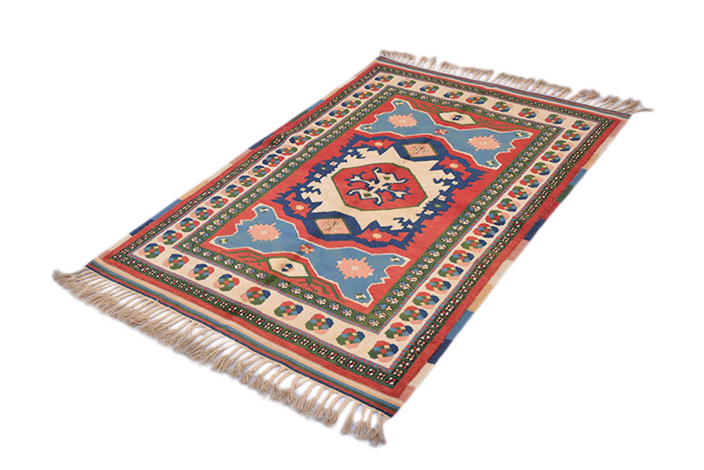 Colorful 3x5 Turkish Kazak Rug | Geometric Tribal Pattern | Red Blue Green Area Rug | Entryway Small Rug | Wool Hand knotted