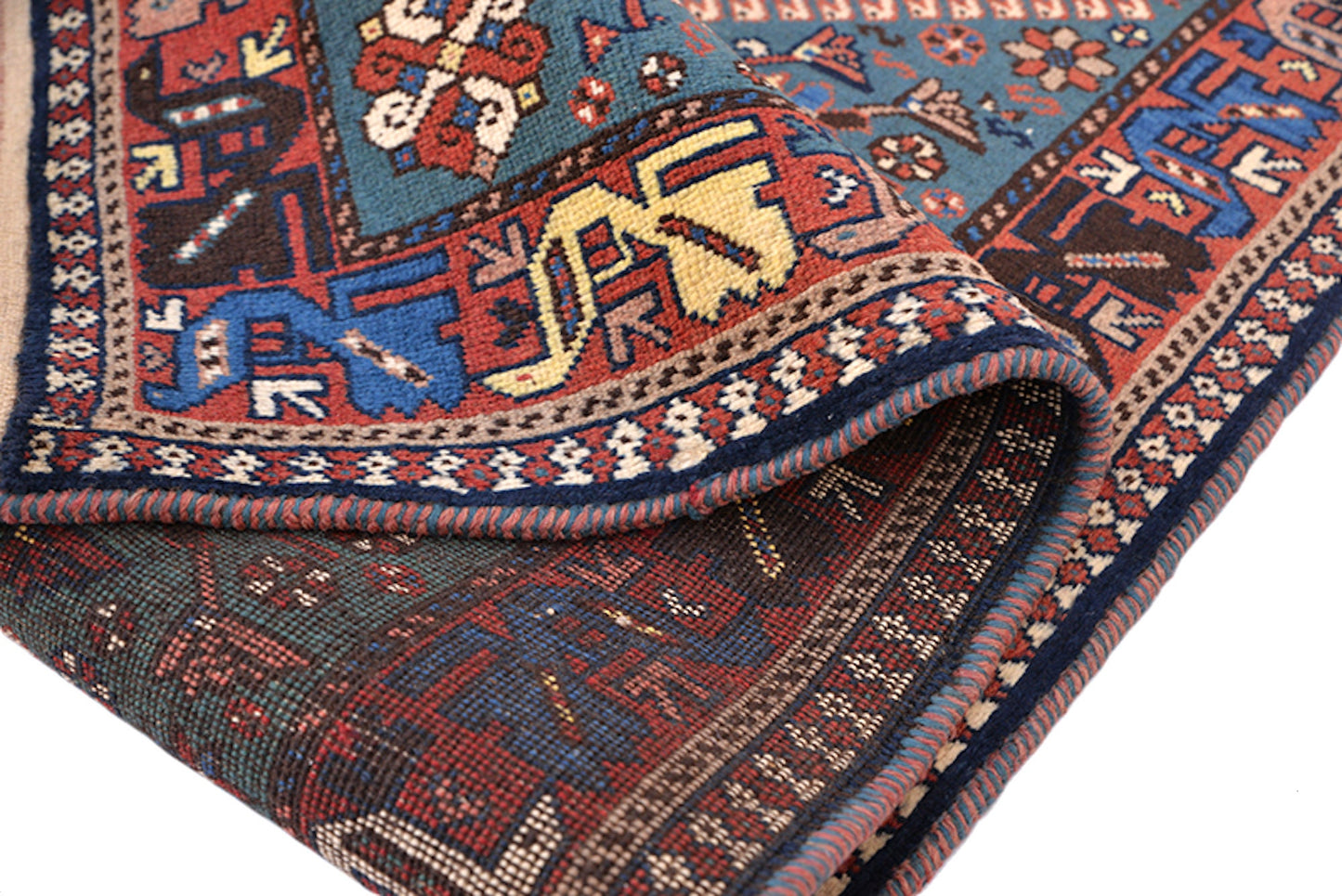 Rustic Tribal 3x5 Vintage Hand Knotted Pink and Blue Rug | Diamond Pattern with Oriental Details | Navy Border made of Wool