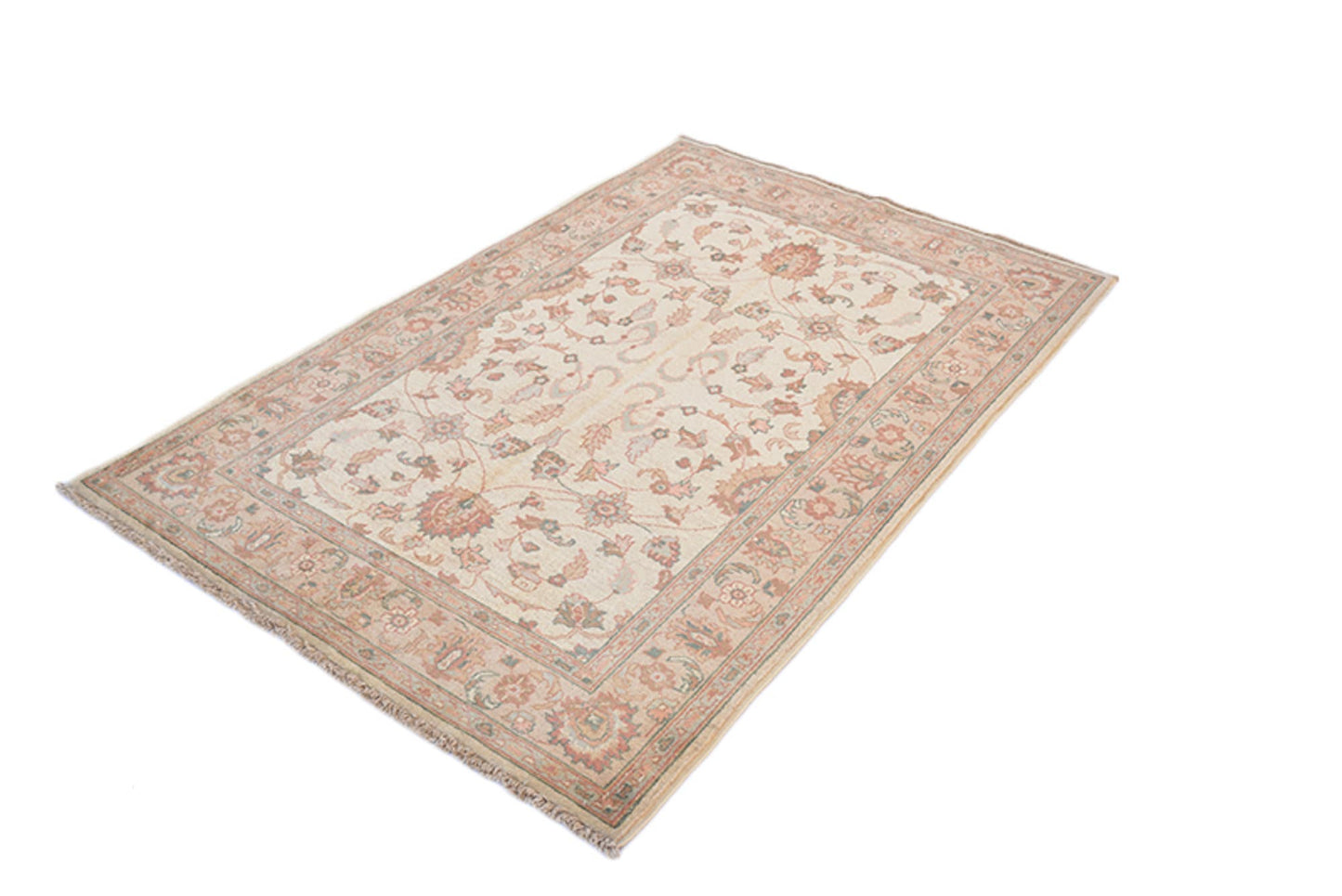 4 x 6 Beige Antique Rug | Farmhouse Style Entryway or Kitchen Area Rug with Floral Border and Light Colored Designs | Wool Handmade