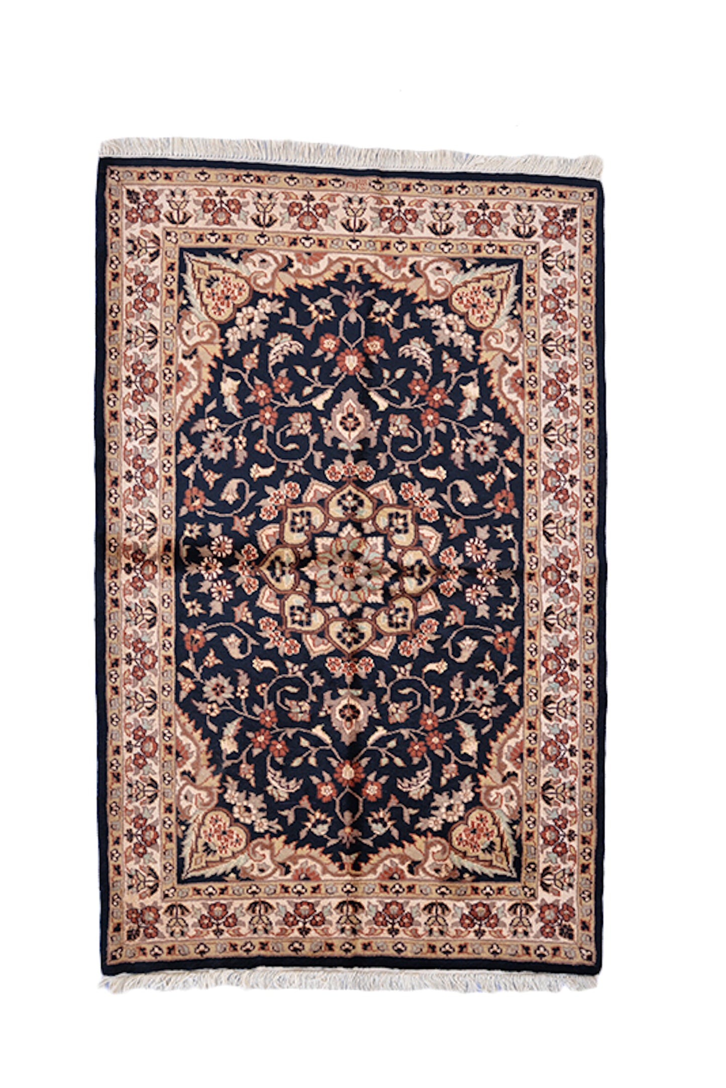 Navy Blue Beige Antique Rug | One of a Kind 3 x 5 Pakistan Kashmiri Silk Wool Rug | Entryway Hand Knotted Rug | Oriental Floral Pattern Rug