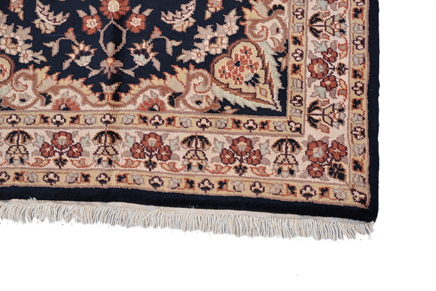 Navy Blue Beige Antique Rug | One of a Kind 3 x 5 Pakistan Kashmiri Silk Wool Rug | Entryway Hand Knotted Rug | Oriental Floral Pattern Rug