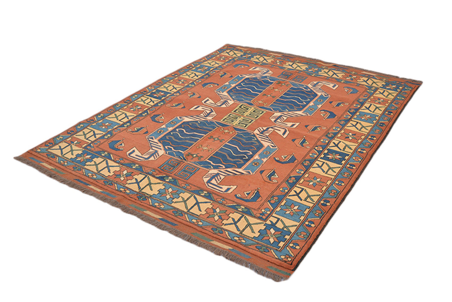 5 x 6 Feet Orange Blue Turkish Caucasian Rug | Hand Woven Area Rug | Oriental Persian Rug | Living Room Rug | Accent Geometric Pattern Rug