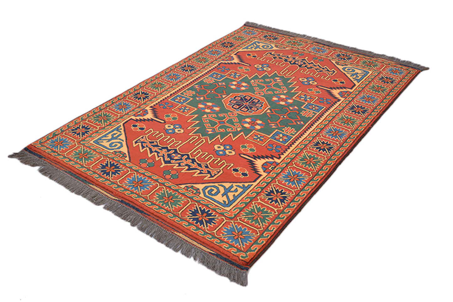 One of a kind Orange Green Antique Rug | 4 x 6 Persian Caucasian Rug | Living Room Rug | Accent Hand Woven Wool Rug | Oriental Geometric Rug