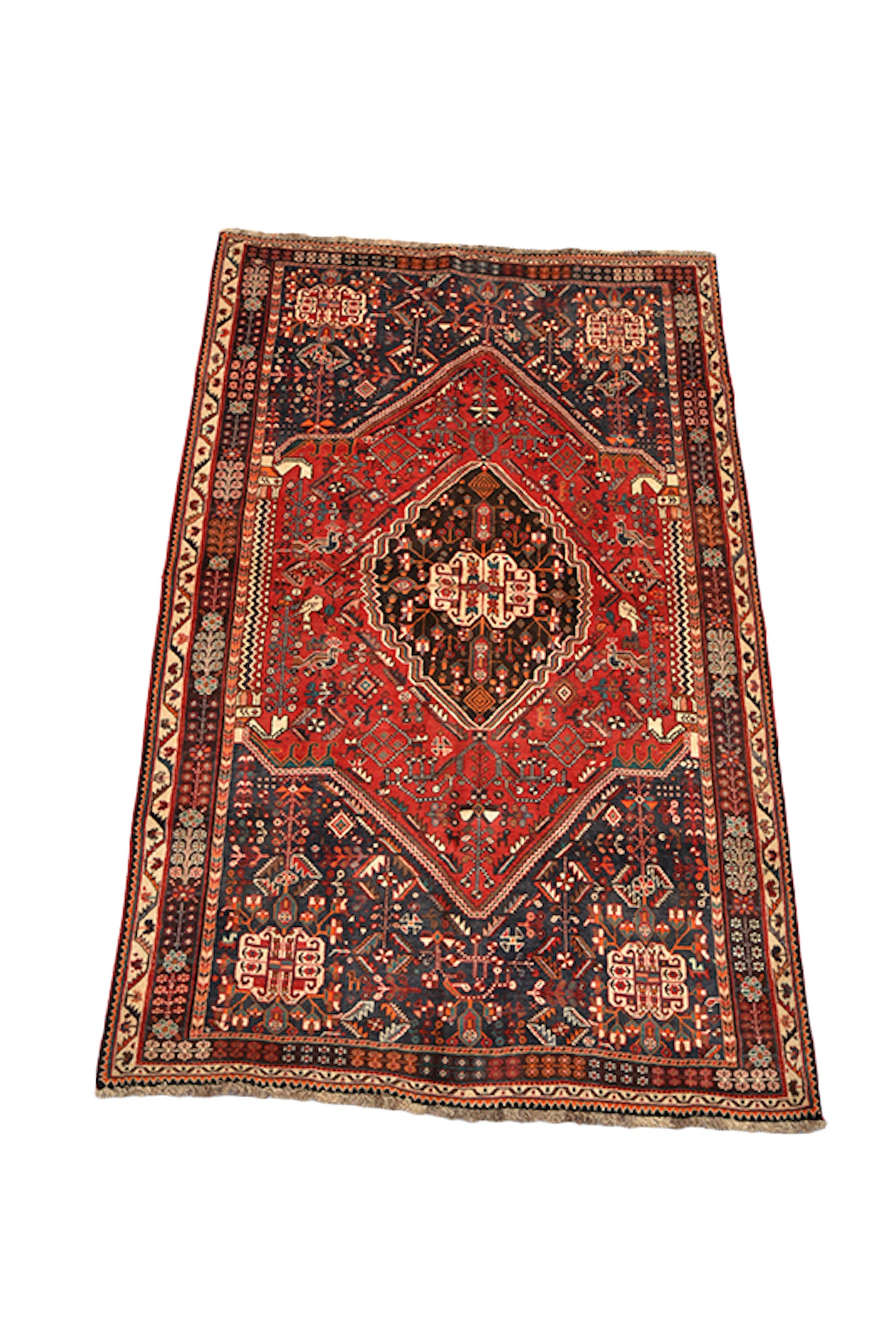 5 x 8 Dark Color Red Green Rug | Handmade Wool Area Rug With Red Medallion and Green Navy Background | Living Room Rustic Home Rug