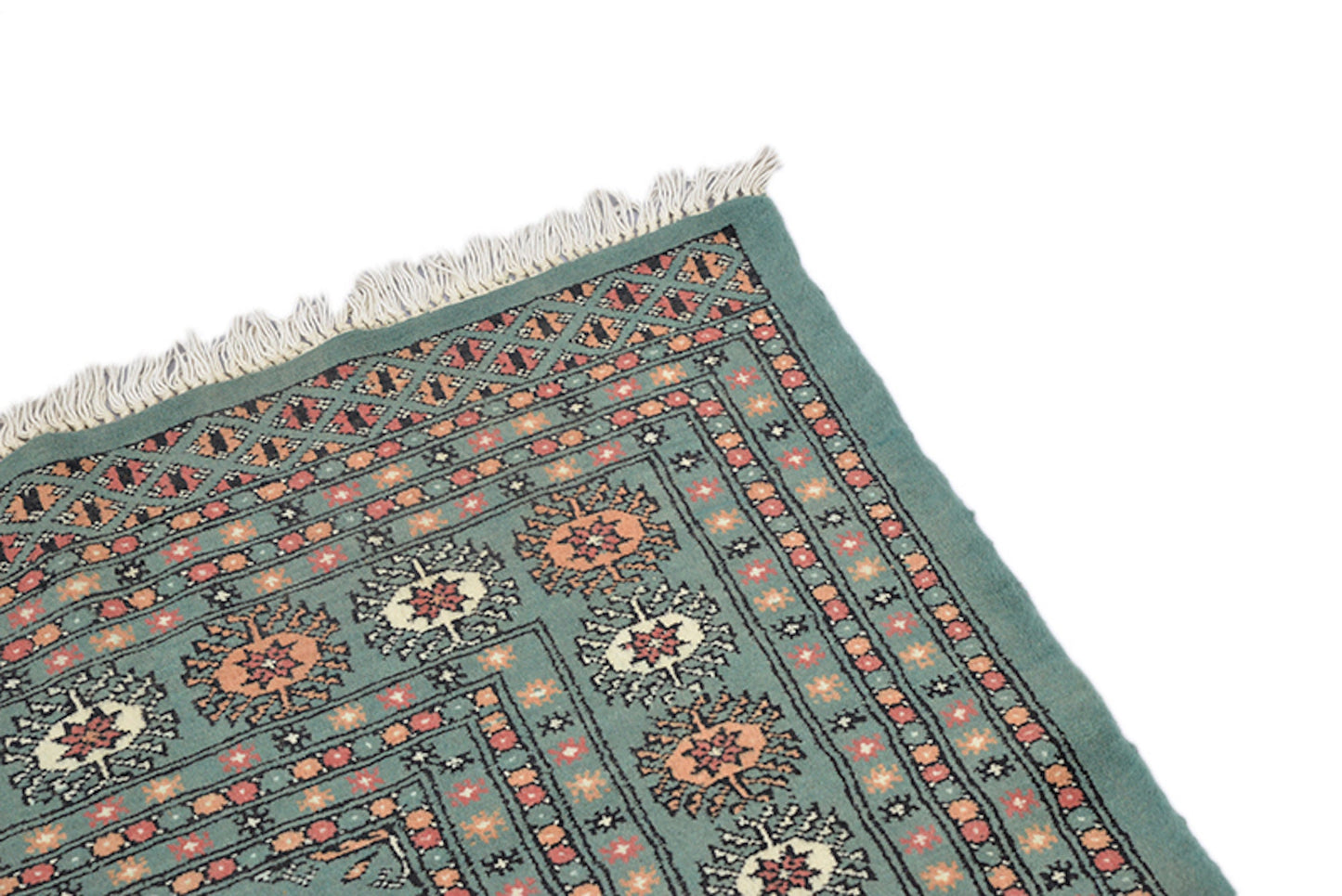 6 x 9 Light Green Kashmiri Area Rug | Large Border with Orange and Ivory Geometric Pattern | Wool Hand Knotted With Soft Shine Pile