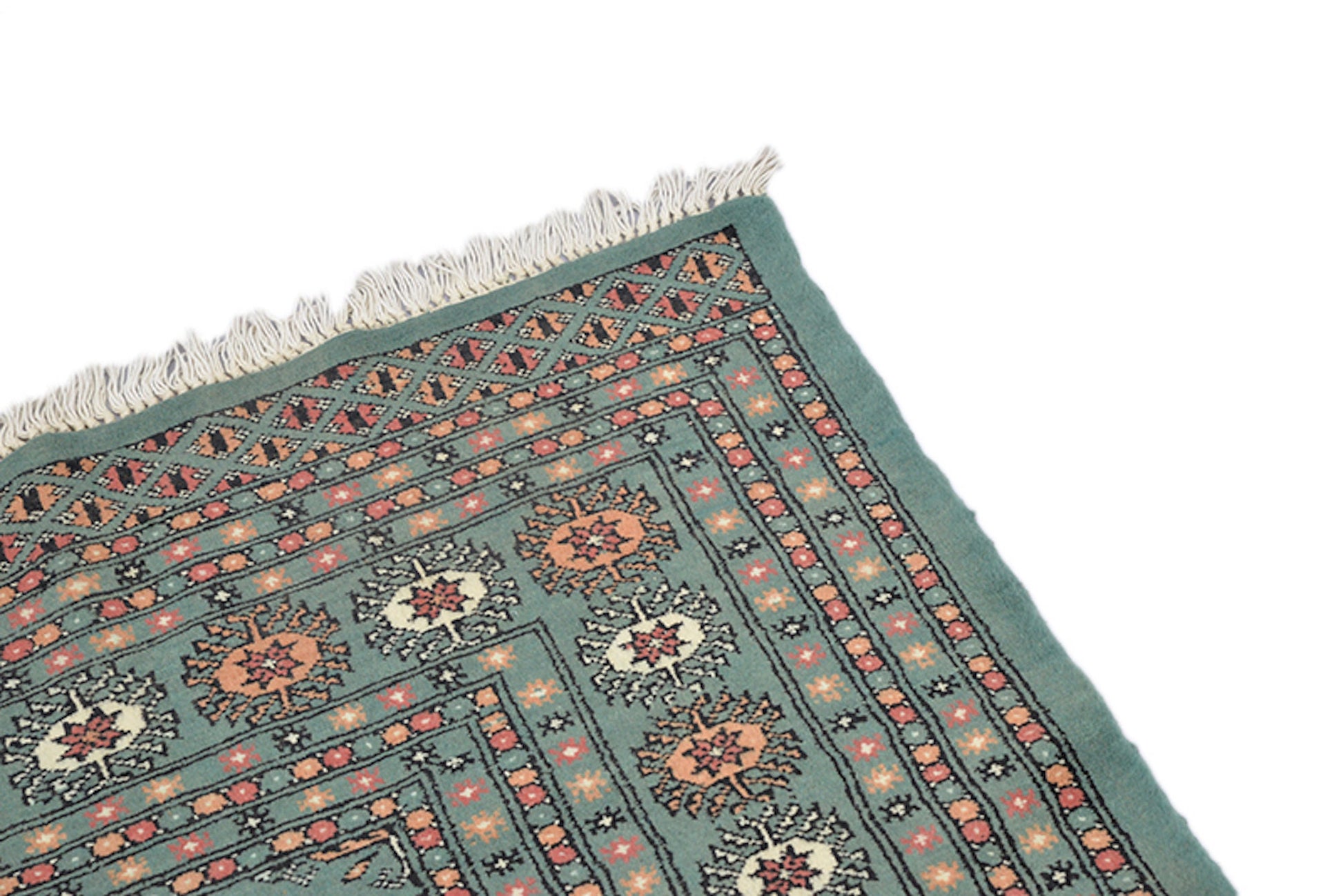 6 x 9 Light Green Kashmiri Area Rug | Large Border with Orange and Ivory Geometric Pattern | Wool Hand Knotted With Soft Shine Pile