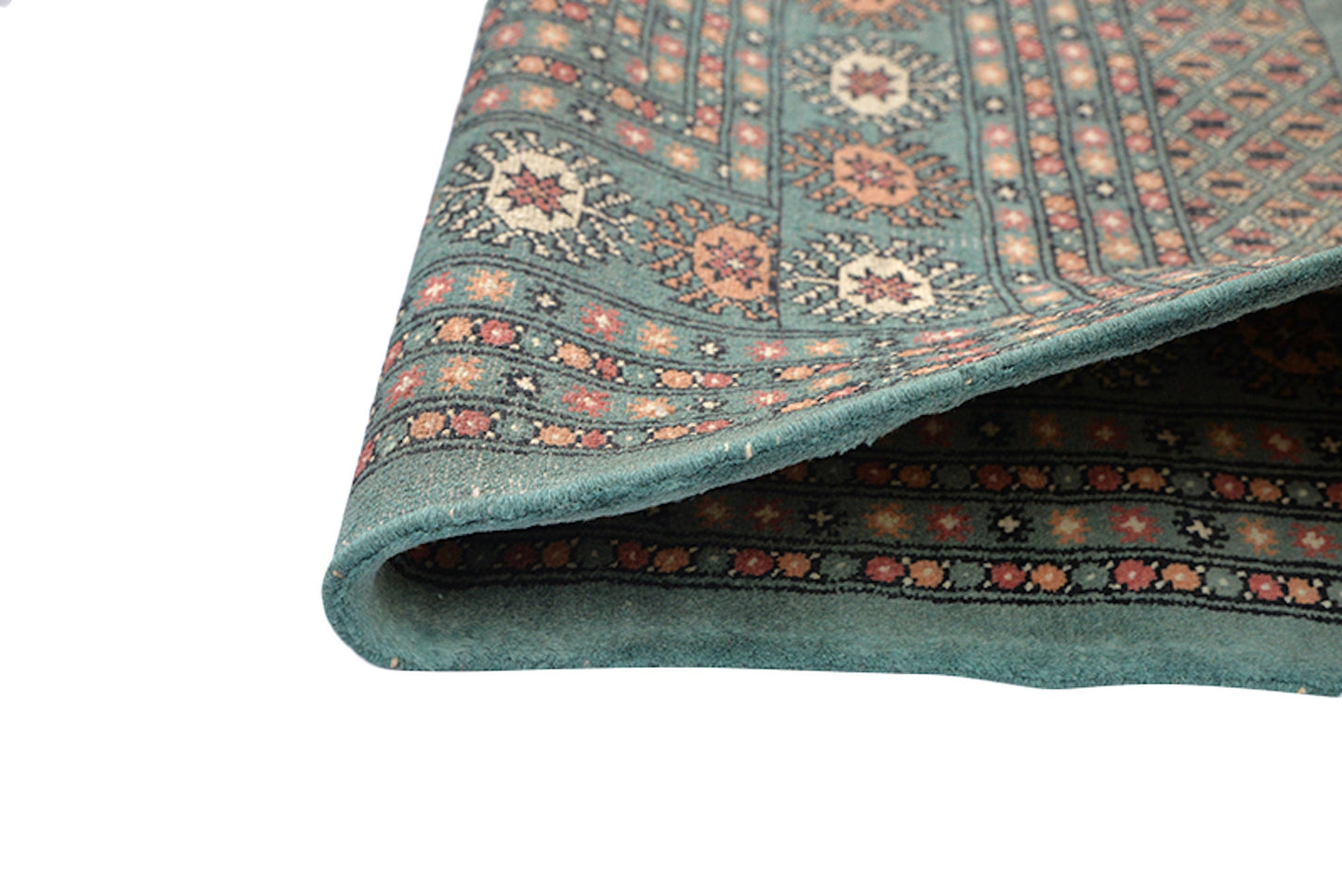 6 x 9 Light Green Kashmiri Area Rug | Large Border with Orange and Ivory Geometric Pattern | Wool Hand Knotted With Soft Shine Pile