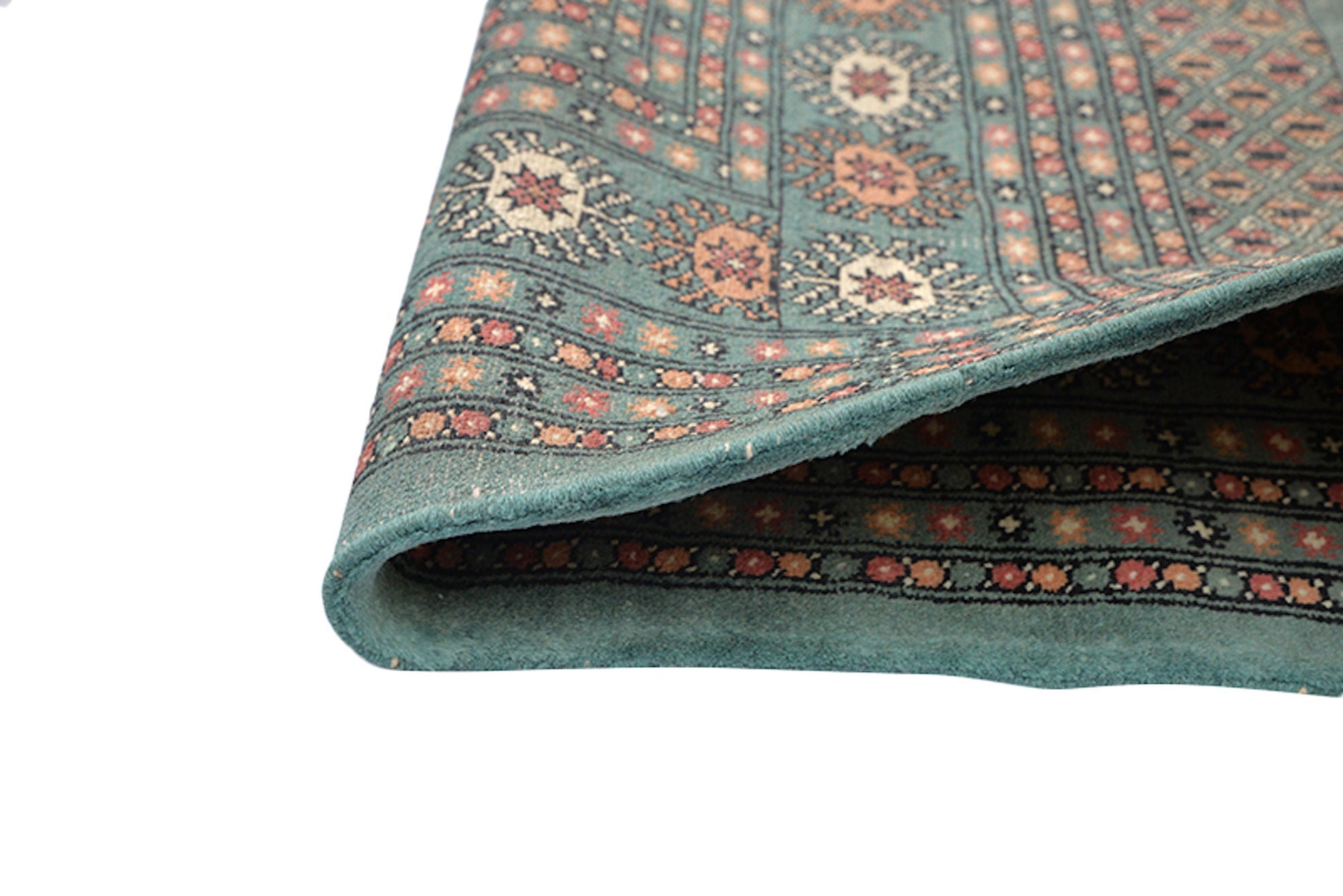 6 x 9 Light Green Kashmiri Area Rug | Large Border with Orange and Ivory Geometric Pattern | Wool Hand Knotted With Soft Shine Pile