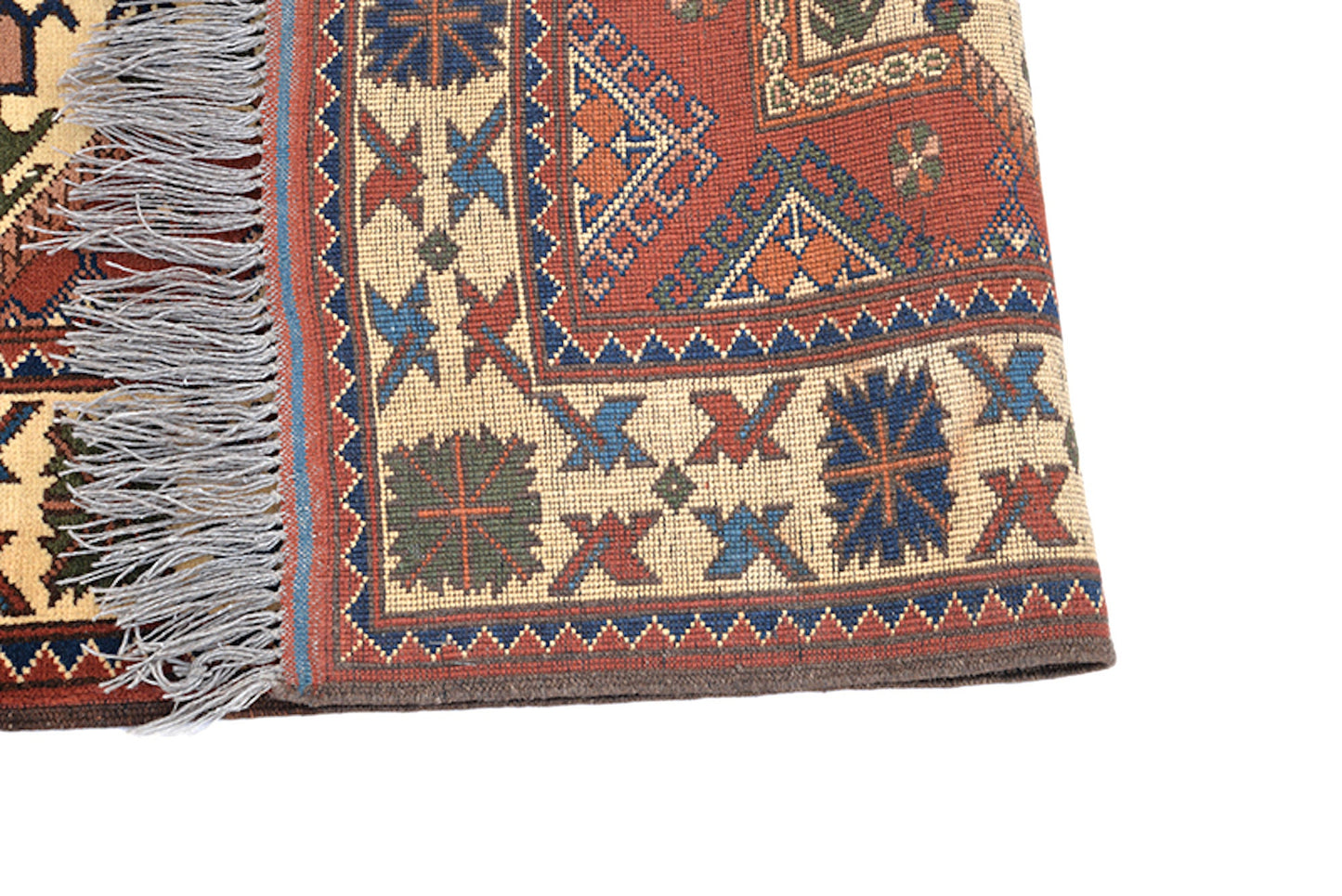 Copper 4x5 Beige Antique Rug | One of a kind Turkish Caucasian Rug | Living Room Rug | Navy Medallion Handmade Wool Rug | Geometric Pattern