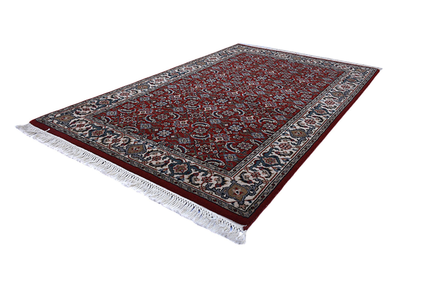 Red Blue Antique Rug | Oriental Persian Design with Ivory Border | Entryway Kitchen Rug | Accent Handmade Wool Rug