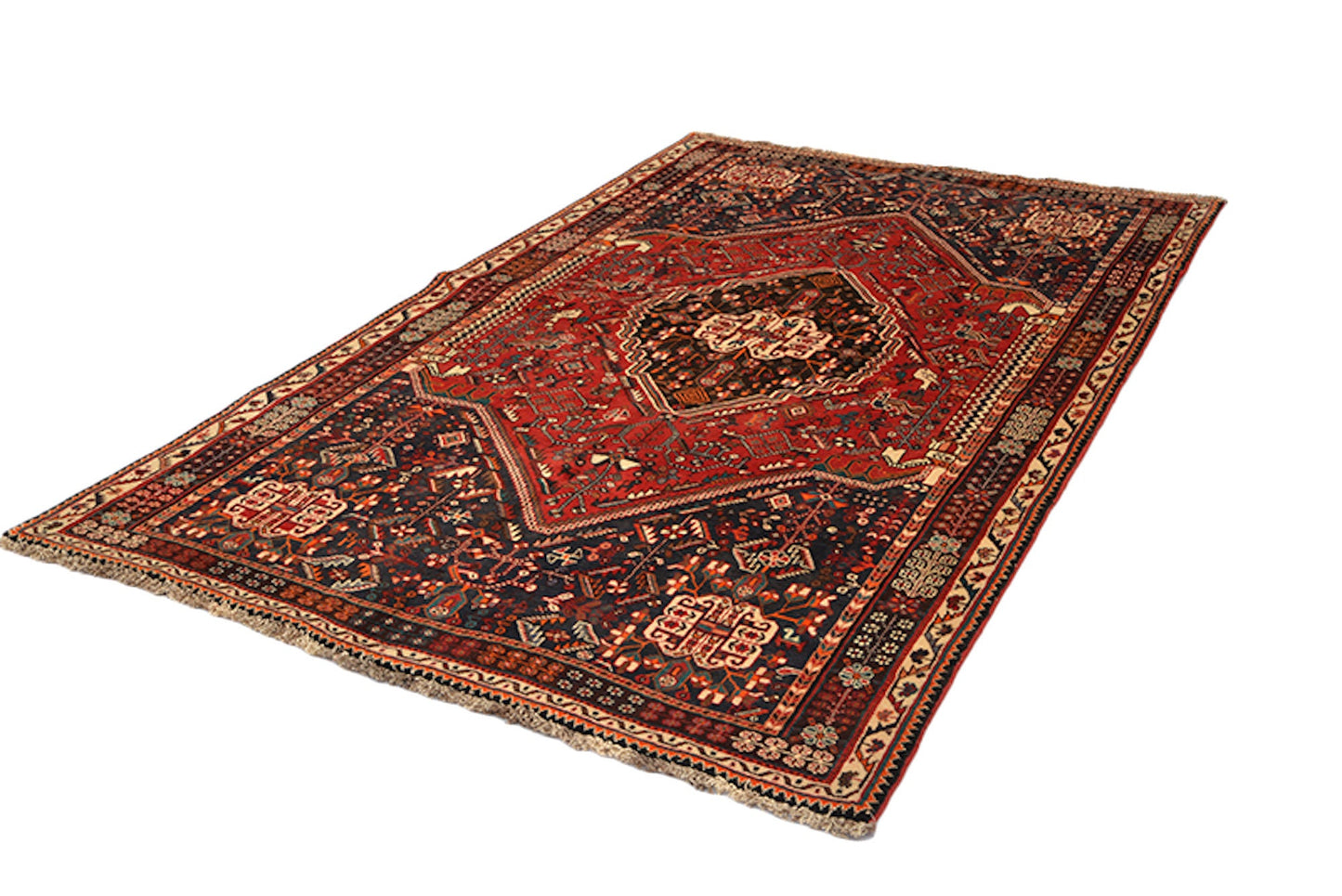 5 x 8 Dark Color Red Green Rug | Handmade Wool Area Rug With Red Medallion and Green Navy Background | Living Room Rustic Home Rug