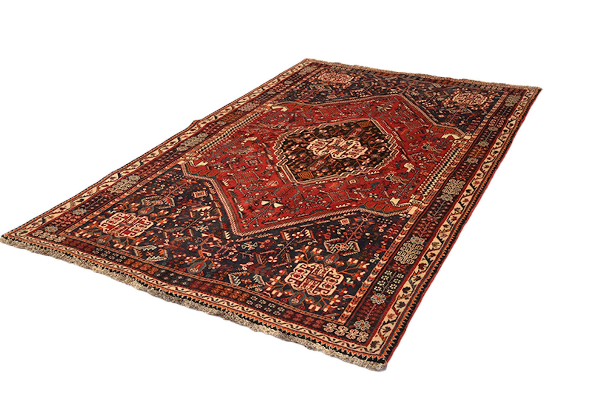 5 x 8 Dark Color Red Green Rug | Handmade Wool Area Rug With Red Medallion and Green Navy Background | Living Room Rustic Home Rug