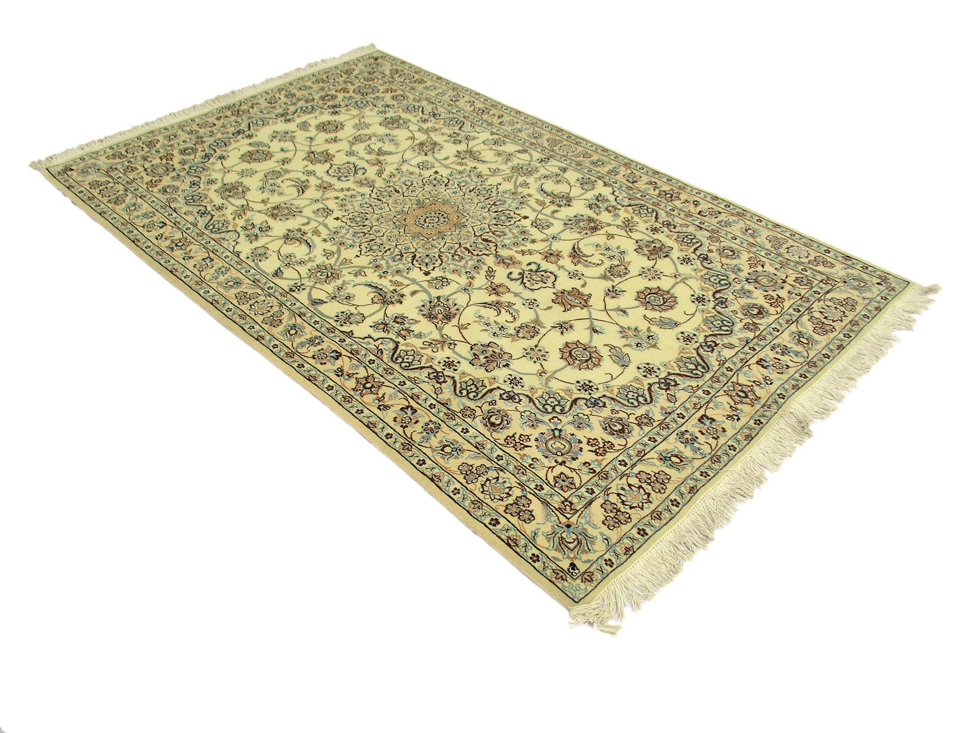 4 x 7 Feet Beige Blue Turkish Caucasian Rug | Hand Woven Area Rug | Oriental Persian Rug | Living Room Rug | Accent Floral Pattern Wool Rug