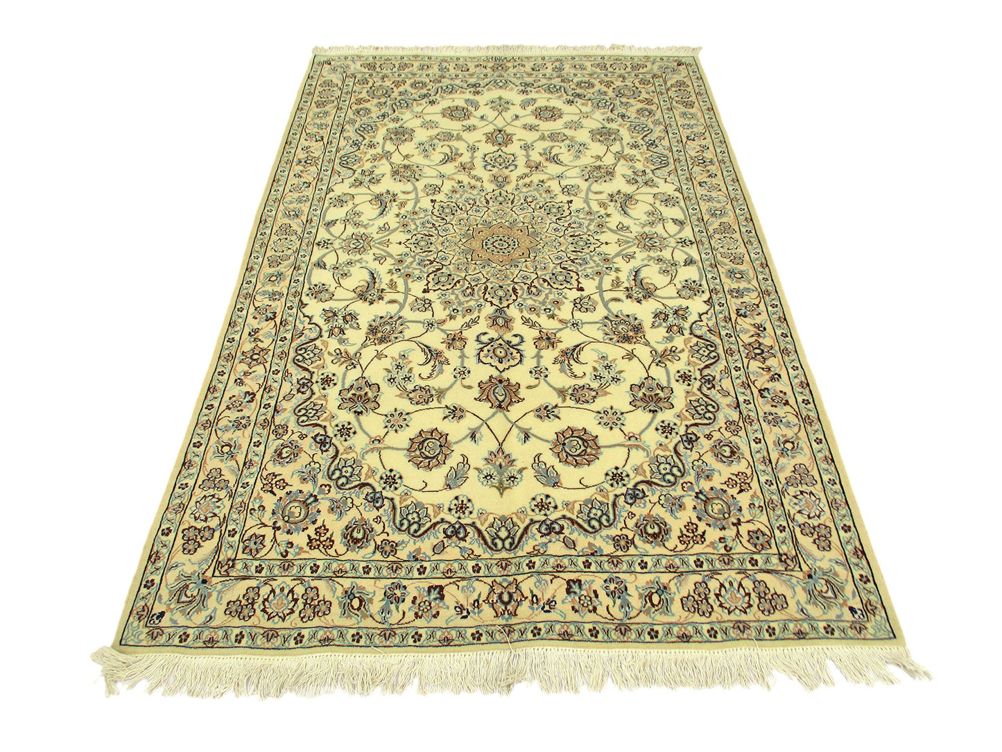 4 x 7 Feet Beige Blue Turkish Caucasian Rug | Hand Woven Area Rug | Oriental Persian Rug | Living Room Rug | Accent Floral Pattern Wool Rug
