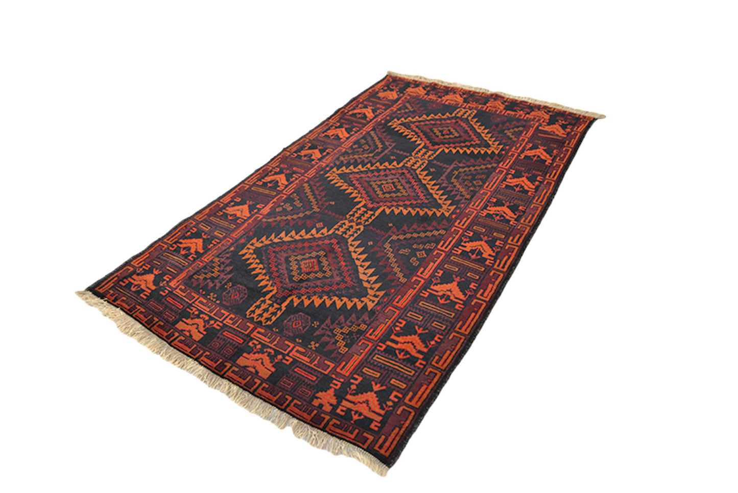 Black Handmade Rug | Wool Rug | 4 x 7 Rug | Orange Black Rug | Geometric Tribal Rug | Vintage Afghan Rug