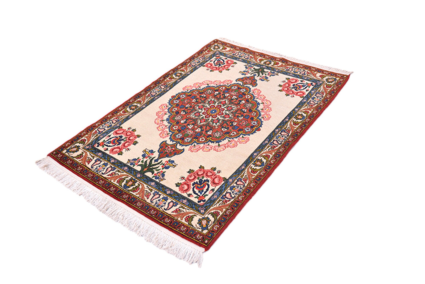 Vintage Red Blue Handmade 3x4 Area Rug with Floral Medallion