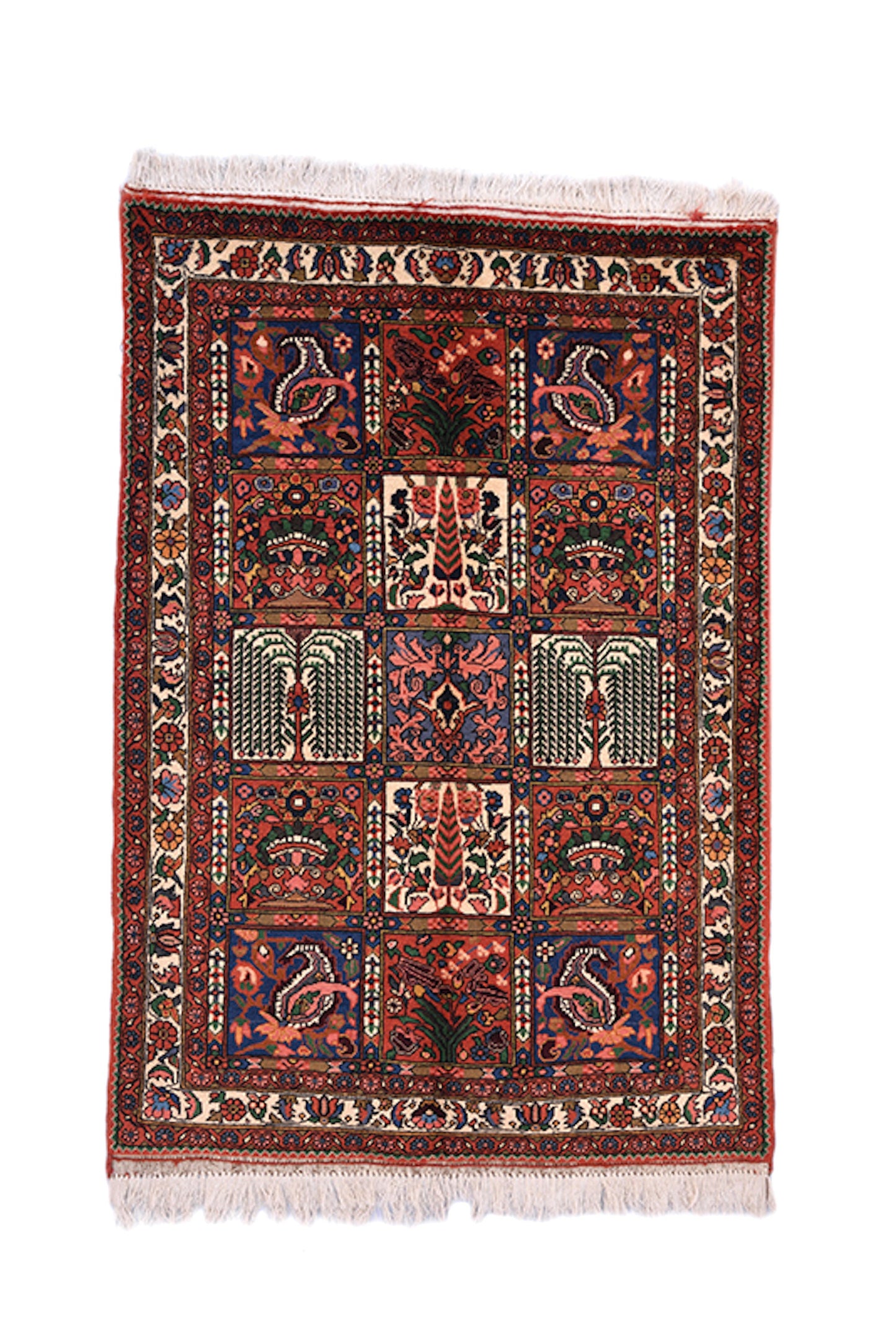 Orange Navy 3x5 Persian Style Area Rug | Bright Coral Pink Accent Details | Grid Style Design | Hand Knotted Wool Vintage Rug | Antique
