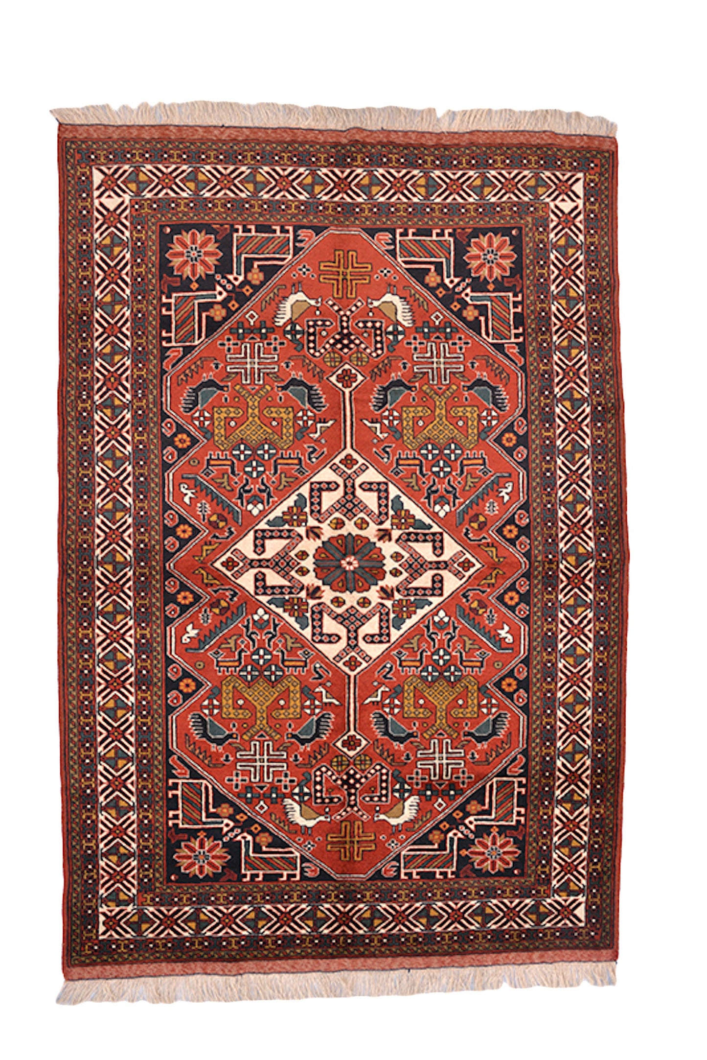 4 x 6 Feet Orange Blue Turkish Caucasian Rug | Hand Woven Area Rug | Oriental Persian Rug | Living Room Rug | Accent Geometric Pattern Rug