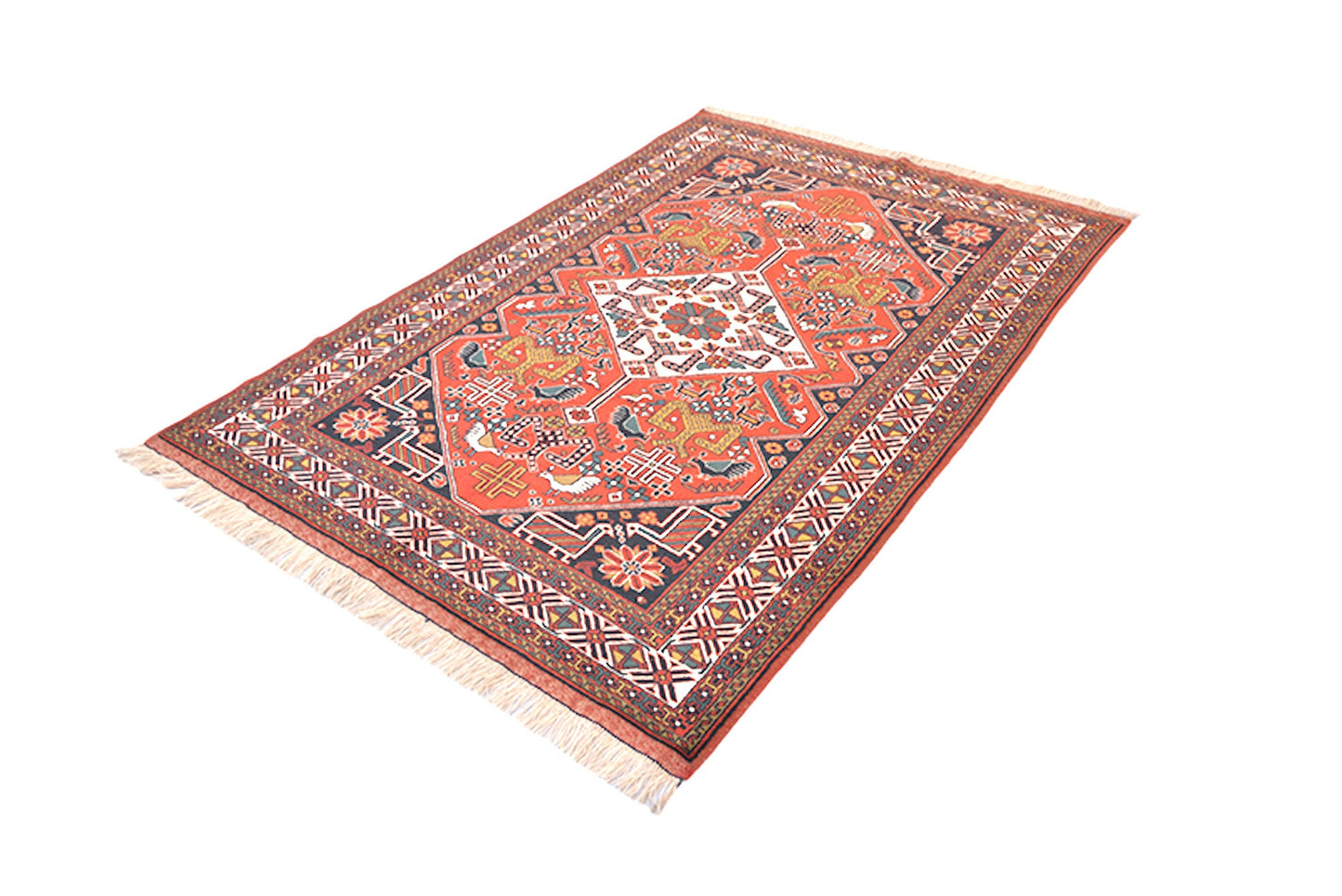 4 x 6 Feet Orange Blue Turkish Caucasian Rug | Hand Woven Area Rug | Oriental Persian Rug | Living Room Rug | Accent Geometric Pattern Rug