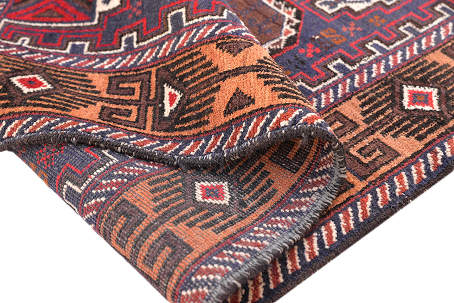 3 x 5 Dark Vintage Rug with Red Navy Geometric Background and Orange Navy Tribal Border | Wool Soft Low Pile Rustic Home Rug