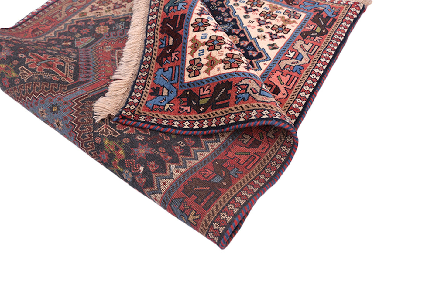 Navy Blue Handmade Area Rug with Geometric Tribal Medallion Design | Pink and Colorful Details | Wool