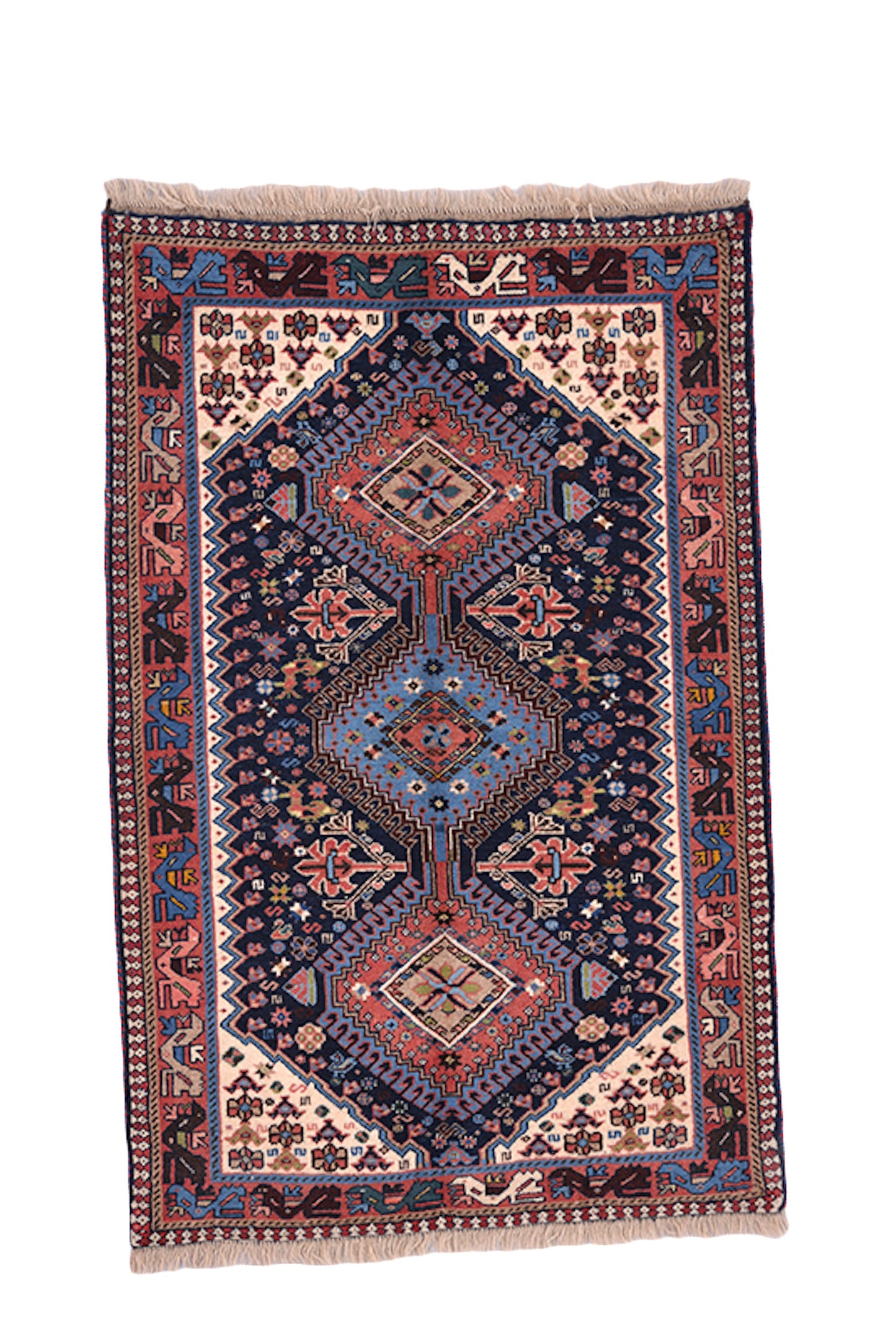 Navy Blue Handmade Area Rug with Geometric Tribal Medallion Design | Pink and Colorful Details | Wool