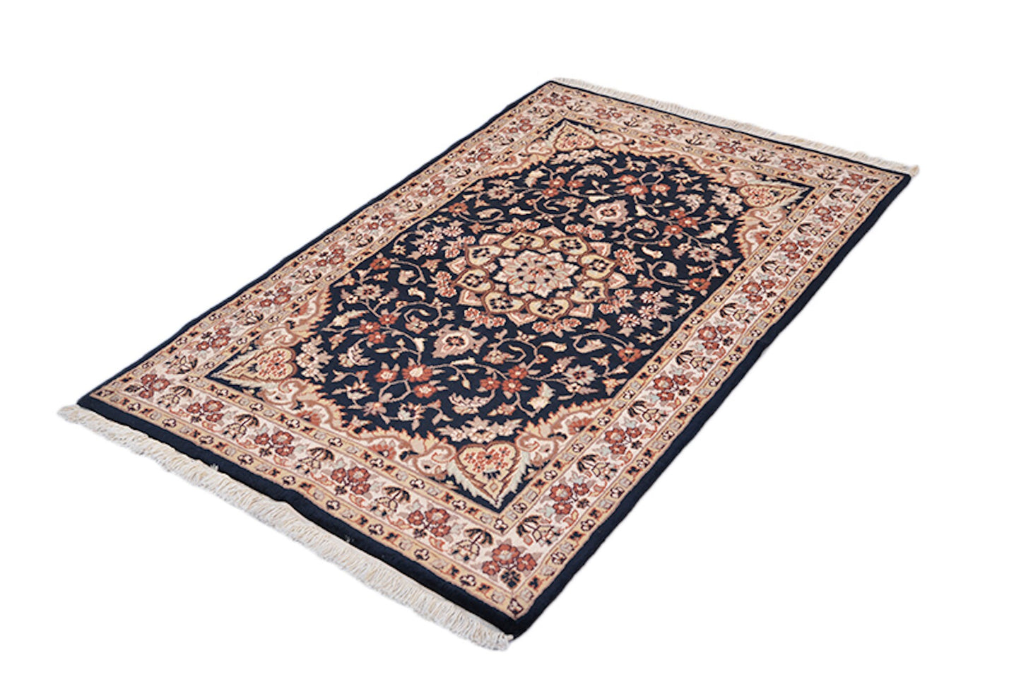 Navy Blue Beige Antique Rug | One of a Kind 3 x 5 Pakistan Kashmiri Silk Wool Rug | Entryway Hand Knotted Rug | Oriental Floral Pattern Rug