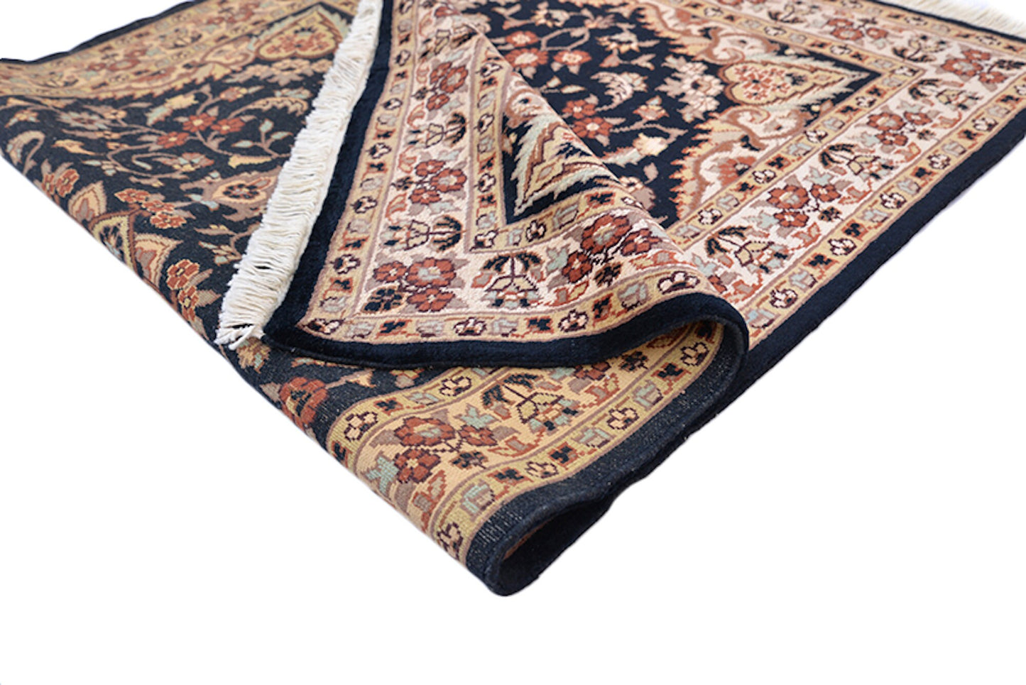 Navy Blue Beige Antique Rug | One of a Kind 3 x 5 Pakistan Kashmiri Silk Wool Rug | Entryway Hand Knotted Rug | Oriental Floral Pattern Rug