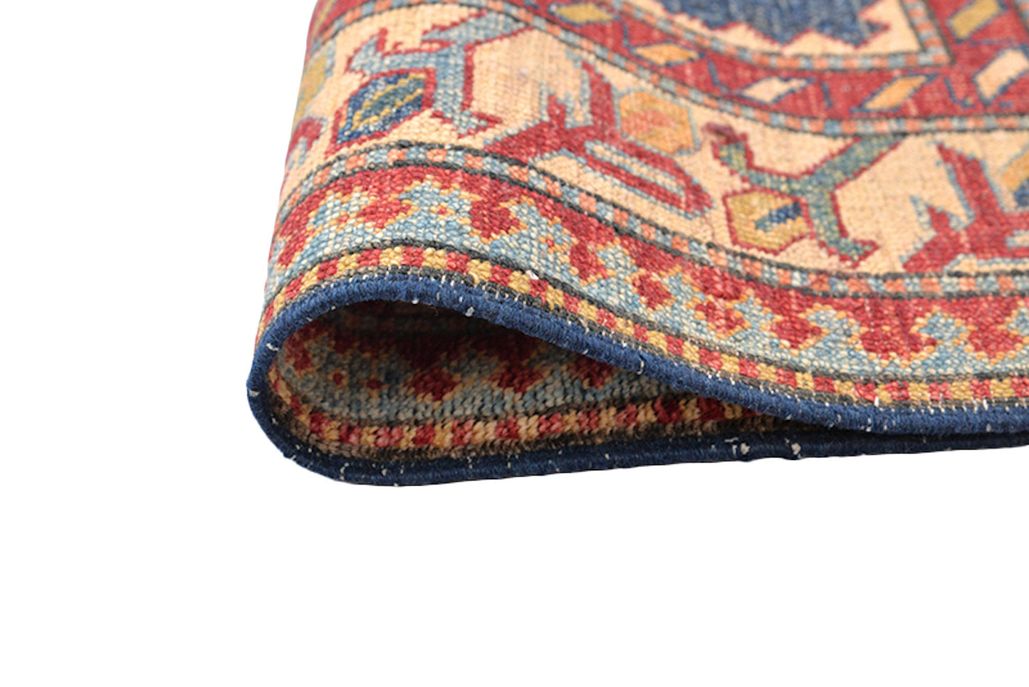 Red Medallion Hand Woven Vintage Area Rug | 4x6 with Blue Background and Beige Border | Tribal Nomadic Geometric Rustic Home Decor Rug