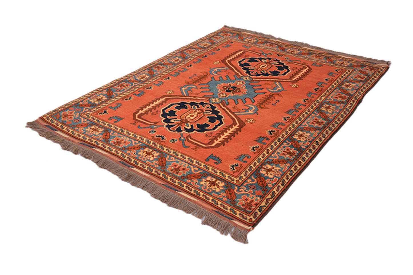 Burnt Orange Green Vintage Rug | 5 x 6 Hand Woven Wool Rug