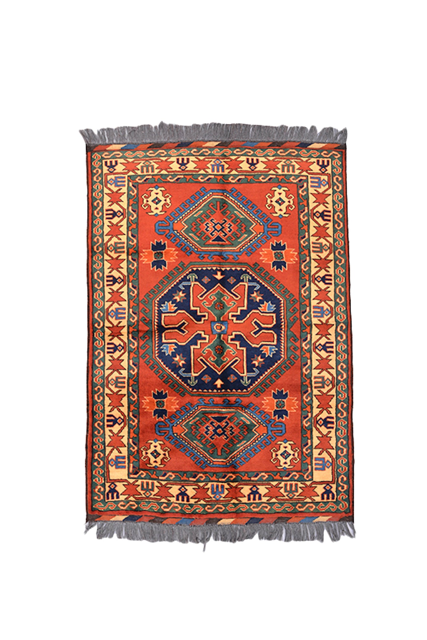 Bright Red 3x5 Tribal Rug | Vintage Wool Area Rug | Geometric Medallion Navy Green | Beige Bordered Rug | Entryway Home Accent | Rustic